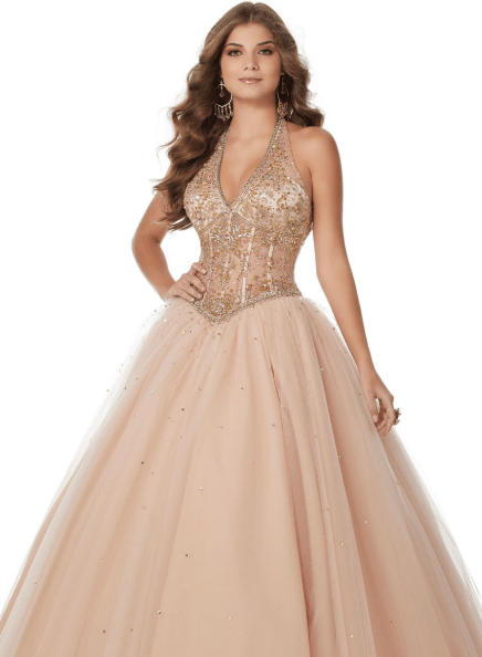 A woman in a Quinceanera ball gown posing for a picture