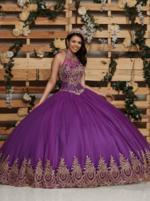 A woman in a purple dress posing for a picture wearing pink Quinceañera dresses.