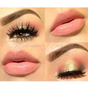 A collage of photos of different types of makeup for a coral dress for a Quinceanera