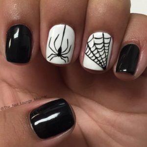 Quinceanera themed nail art design featuring a black and white nail with a spider motif