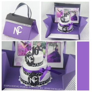 A stunning purple and black Quinceanera cake with a vibrant and eye-catching design. The cake features a collage of photos that add a personalized touch to the celebration.