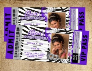 A purple table with a couple of Quinceanera tickets placed on top