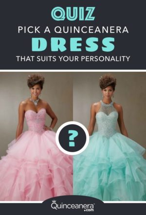 Gown, two dresses with the words quiz pick a Quinceanera dress that suits your