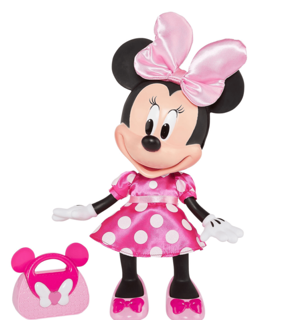 Minnie-Mouse-plush-doll-in-pink-dress-with-white-polka-dots-with-pink-purse-and-pink-shoes