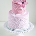 Cupcake and a pink cake with butterflies on top for Quinceanera celebration