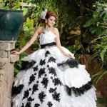 Quinceanera gown, a woman in a black and white dress posing for a picture