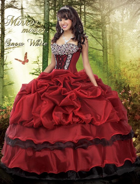 Quinceañera dresses, a woman in a red dress standing in a forest, quinceanera dresses disney