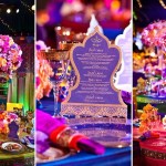 A festive Quinceanera table setting with a collage of pictures featuring Jasmine.