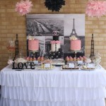 A Quinceanera themed table set up with lots of cakes and cupcakes
