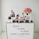 Quinceanera party with a display of perfume bottles and flowers on a table