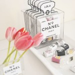 A Quinceanera-themed image featuring cut flowers CHANEL and a bunch of perfume bottles sitting on top of a table