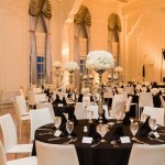 A Quinceanera function hall Centrepiece with tables in a banquet room