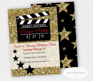 A Quinceanera invitation, featuring a black and gold design with stars