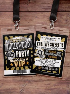 A pair of Quinceanera VIP invitations, resembling Hollywood ID cards hanging on a wall