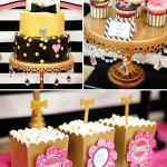 A beautiful Quinceanera cake decorated with a collage of photos of a birthday cake and cupcakes