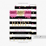Cosmetics pink, black and white striped invitation with pink flowers for a Quinceanera