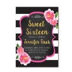 Quinceanera themed image featuring a floral design with cut flowers, and a black and white striped invitation adorned with pink flowers