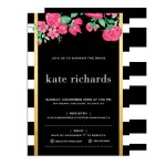 A Quinceanera invitation featuring a black and white striped design by Kate Spade New York, adorned with pink roses.