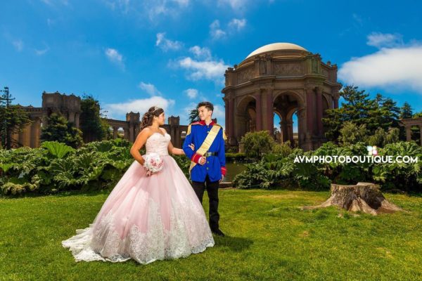 A photograph of Chamberlain, a Quinceanera couple in front of the palace of fine arts