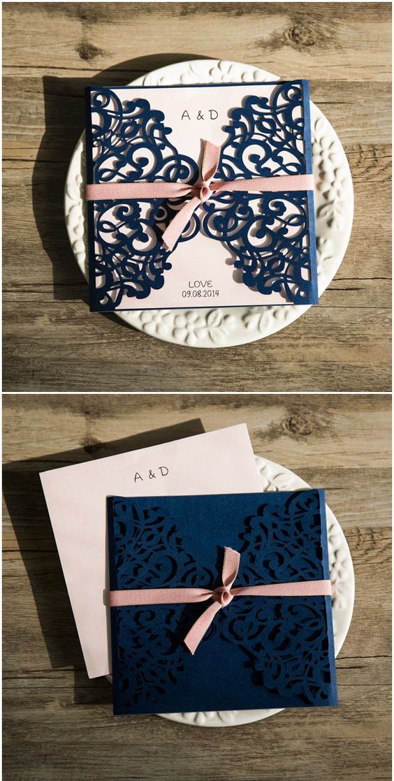 Quinceanera cinnamon rose and navy blue themed invitation. Two different types of Quinceanera cards on a plate.