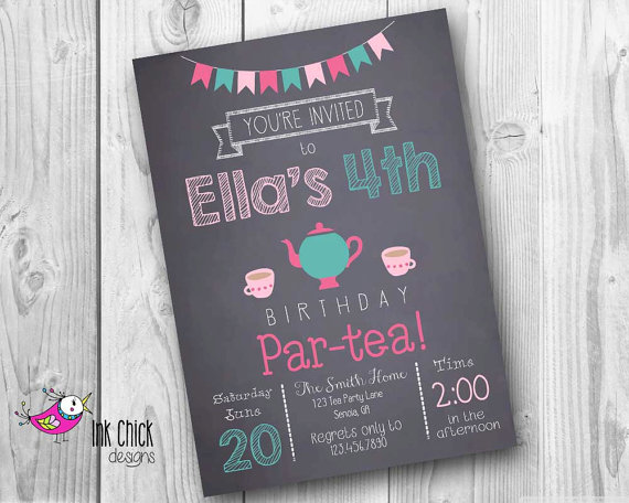 A Quinceanera party invitation featuring a chalkboard design with teapots