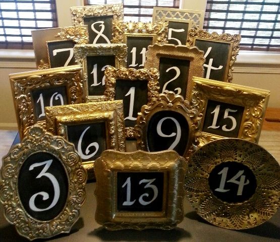 A Quinceanera celebration with a metallic theme. The decoration includes a collection of gold frames with numbers on them.