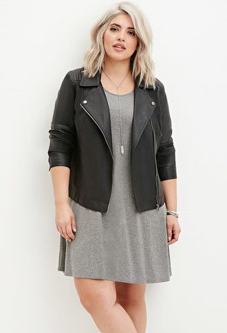 A plus-size woman wearing a red leather jacket and black jeans at a Quinceanera
