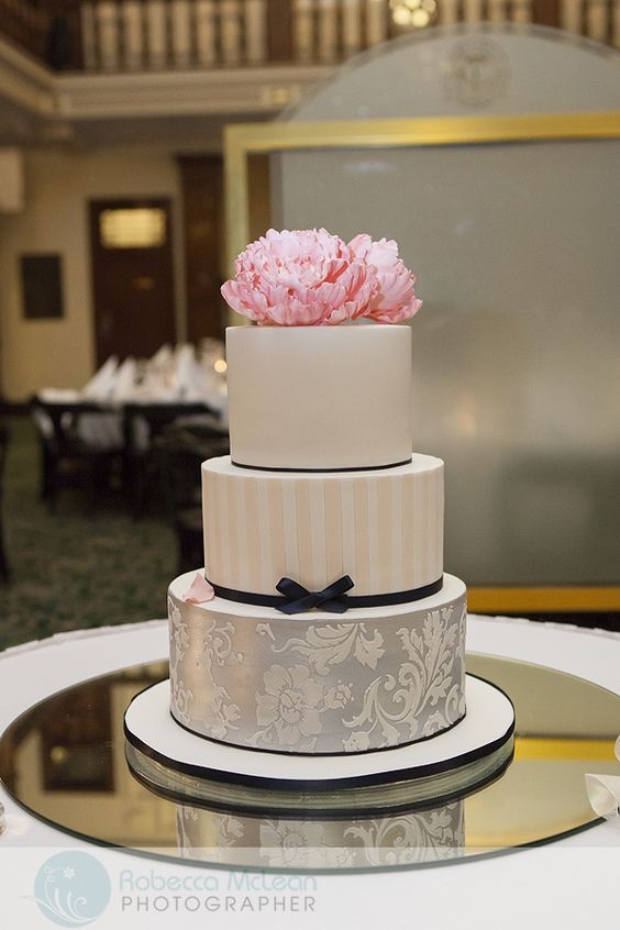 Quinceanera cake, a three tiered cake with pink flowers on top