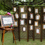 A table decorated for a Quinceanera celebration with a room divider featuring a picture frame