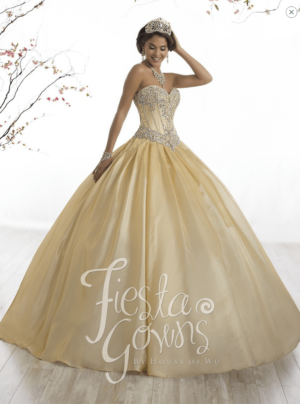 A woman in a ball gown posing for a picture in a beauty and the beast theme dress Quinceañera dresses