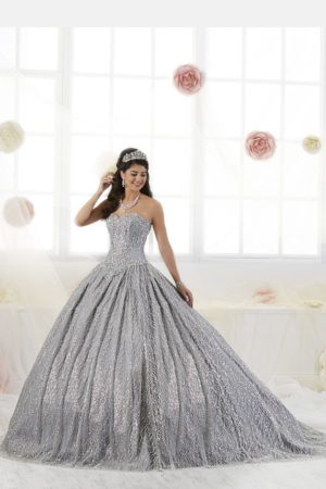 A woman in a silver Quinceañera dress posing for a picture