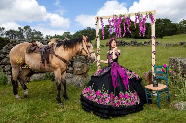 Quinceanera - Dutch Fort - Jaffna, a woman in a black dress standing next to a horse