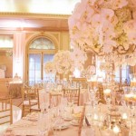 A Quinceanera function hall table with white flowers and candles