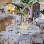 A Quinceanera function hall with tables and a large room with a centerpiece