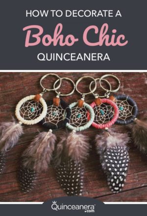 A beautifully decorated Quinceanera ceremony featuring boho-chic jewelry and decorations