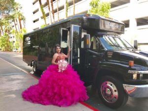 A woman in a pink dress standing in front of a luxury vehicle transport bus at a Quinceanera celebration.