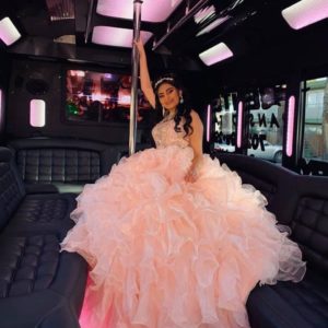 Quinceanera: A woman in a pink gown sitting on a bus