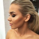 Quinceanera, a woman with long blonde hair wearing a black dress, contour bridal makeup