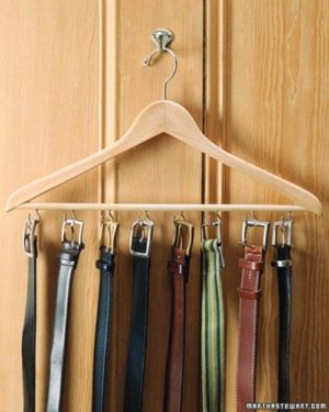 A wooden hanger with belts hanging on it, neatly organized