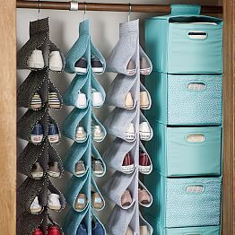 Quinceanera shoe rack in a closet filled with lots of different types of shoes
