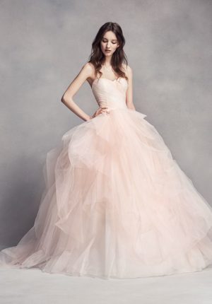 Quinceanera, a woman in a Vera Wang blush wedding dress poses for a photo