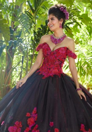 red and black Quinceanera dresses 34015. Quinceañera dresses, a woman in a black and red dress posing for a picture