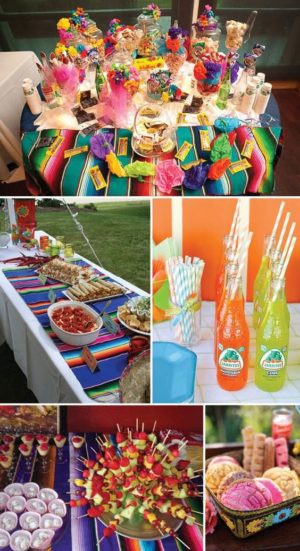 A collage of pictures showing a Mexican-themed Quinceanera party with charro table decorations