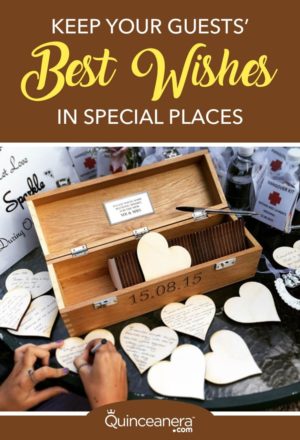 A wooden box filled with wooden hearts with the words 'keep your guests' best wishes' in a Quinceanera theme.