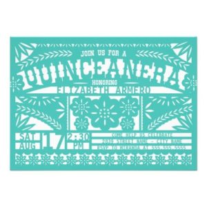 A paper cutout of a Mexican Quinceanera invitation with a pattern design