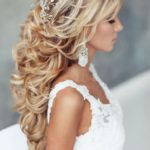 A woman with long blonde hair wearing a Quinceanera dress and a hairstyle with her hair down