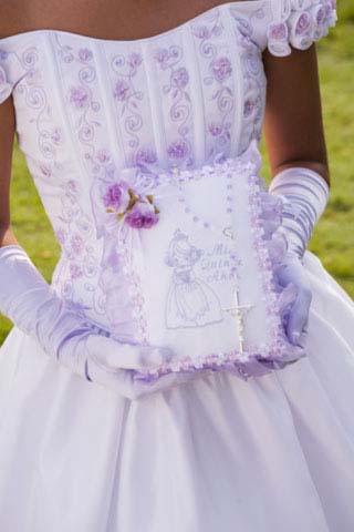 Quinceanera gown with gloves, a woman in a Quinceanera dress holding a cake