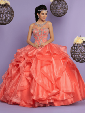 A woman in a red dress posing for a picture wearing gown Quinceañera dresses
