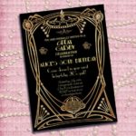 A black and gold Quinceanera invitation on a pink background