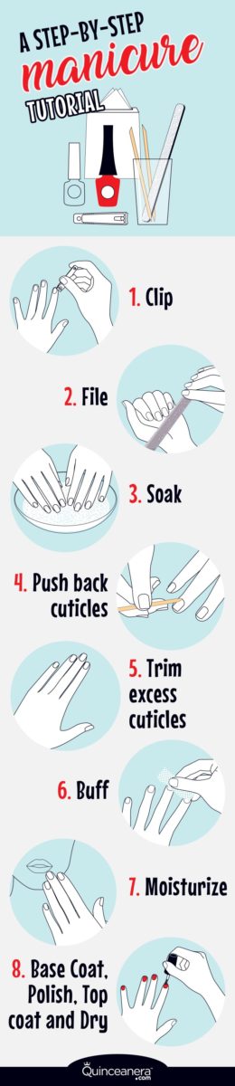 A fashion accessory manicure featuring step-by-step instructions for how to use a knife at a Quinceanera event